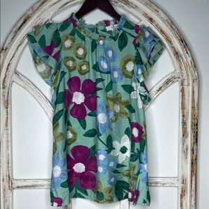 entro Mint Green Floral Ruffle Sleeve Blouse with Purple & Blue Flowers